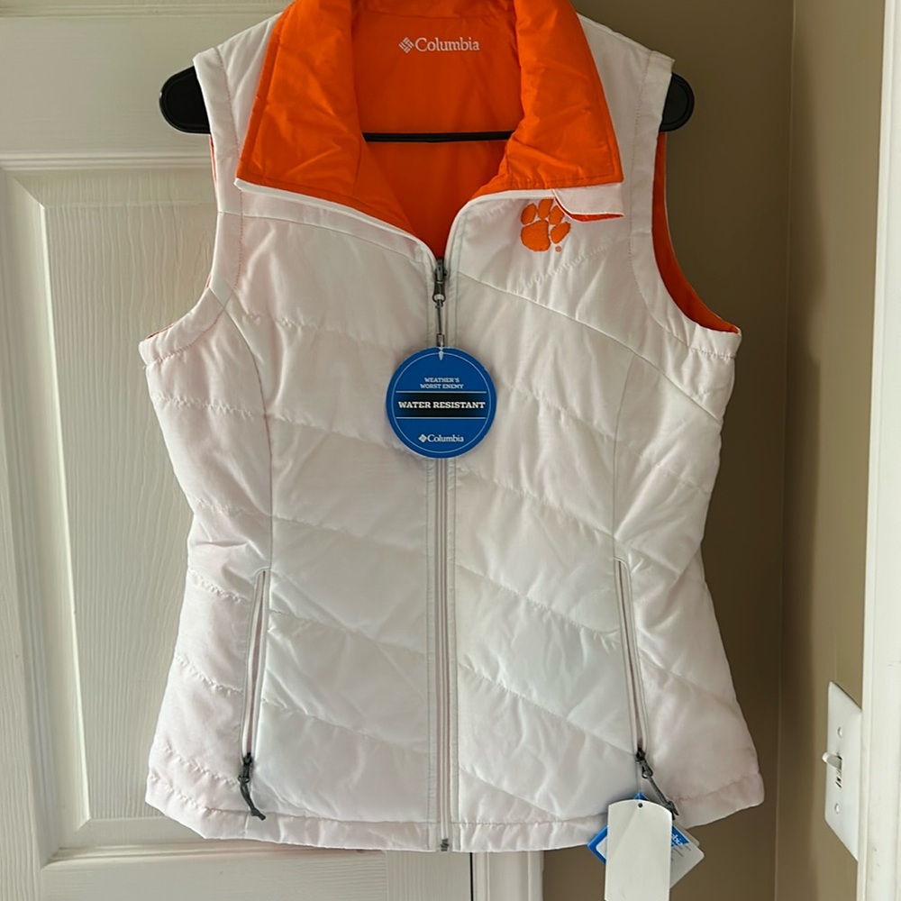 Clemson Columbia white vest with embroidered paw print.